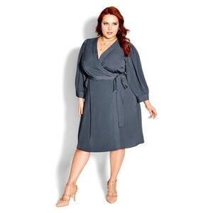 City Chic‎ The Sultry Puff Sleeve Wrap Dress Slate Grey Women's Plus Size 14